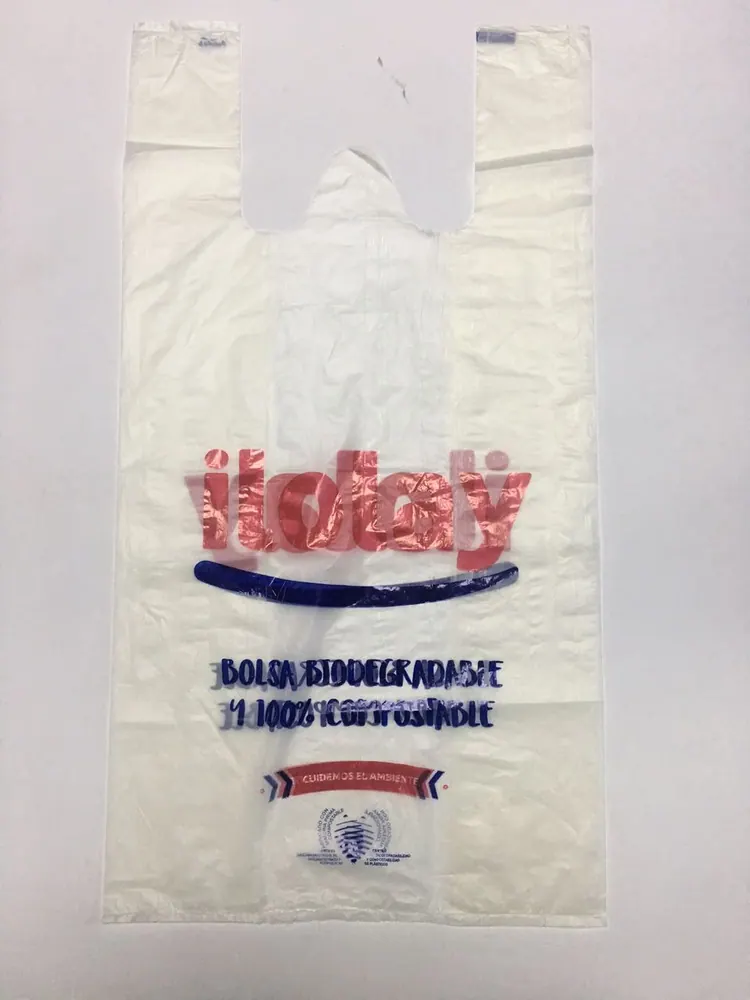 Bolsa tipo camiseta biodegradable y compostable con impresión a color