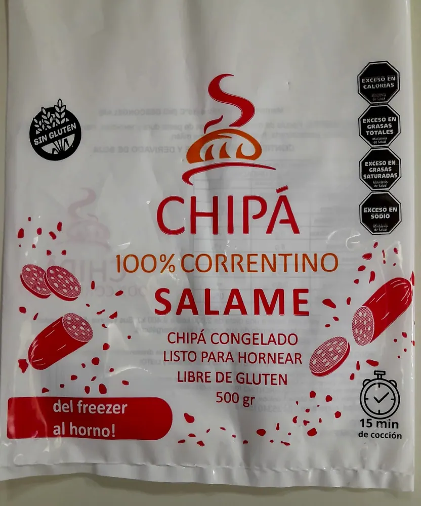 Bolsa impresa para chipá congelado listo para hornear, con sellos de advertencia
