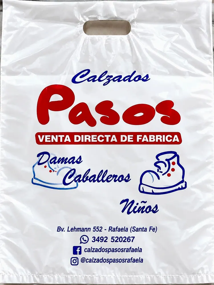 Bolsa blanca con manija troquelada impresa a dos colores para una zapatería
