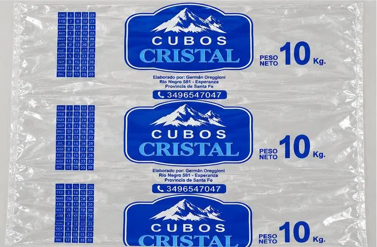 Bolsa transparente impresa para hielo en cubos de 10 kg, con calendario de envasado