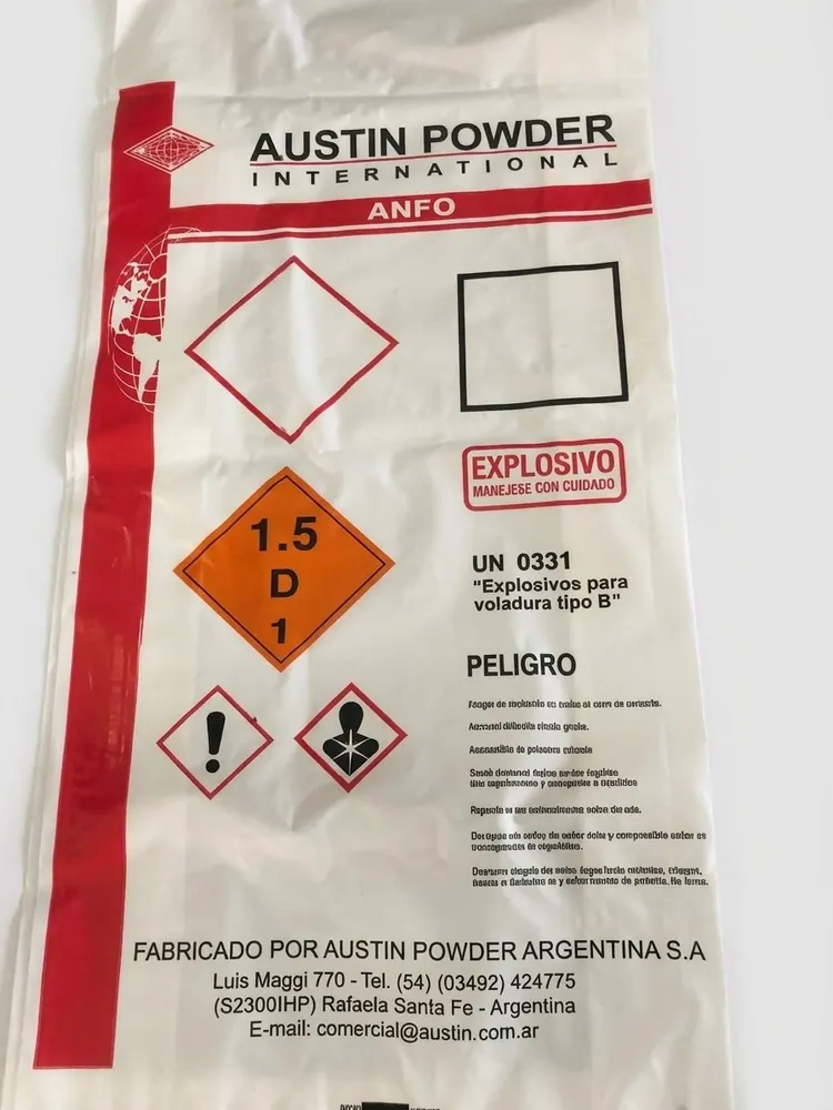Bolsa industrial impresa con pictogramas de peligro y leyendas de seguridad