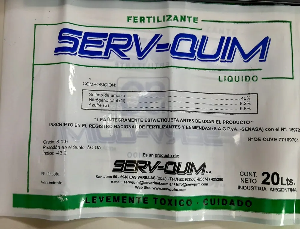 Envase impreso para fertilizante líquido de 20 litros con composición y leyendas de seguridad